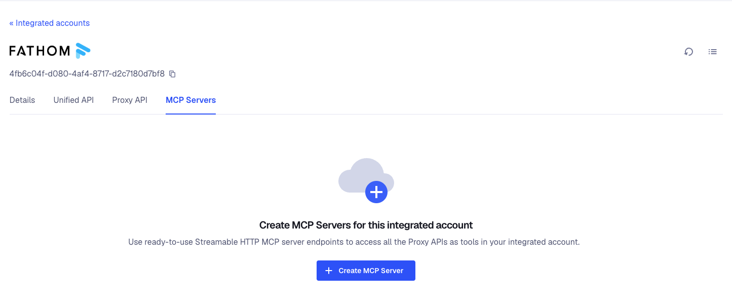 Truto dashboard showing the MCP Servers tab and the button to create a new MCP server for an integrated account