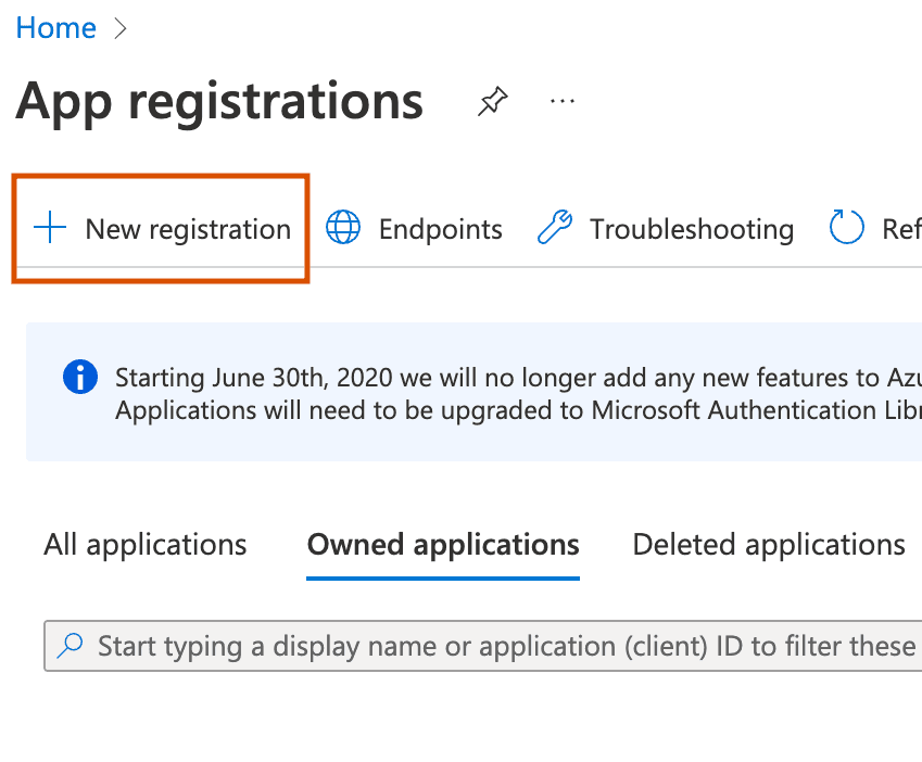 Click New registration to start creating new OAuth app
