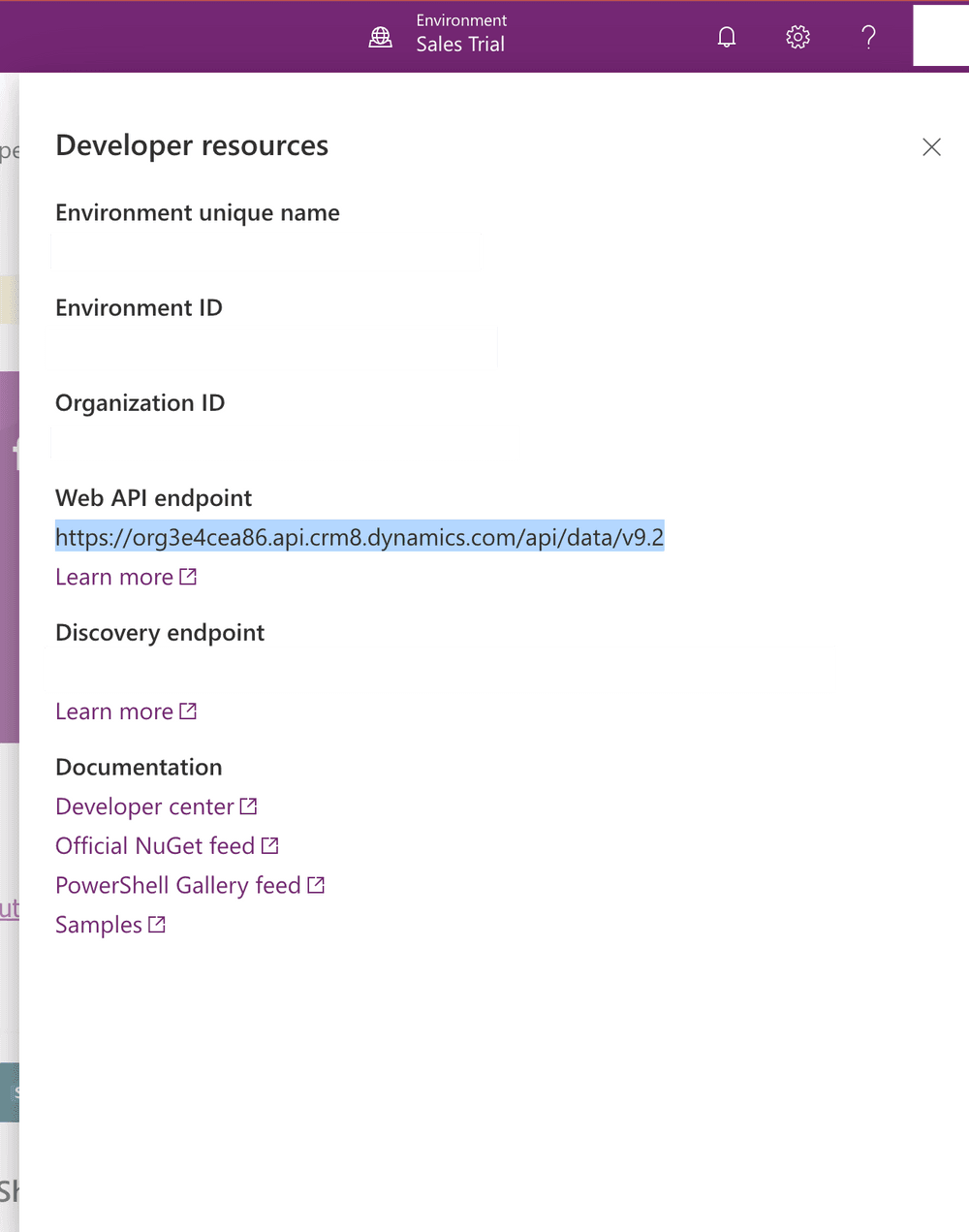 Developer resources pane displaying the unique Web API endpoint URL for the selected Dynamics 365 environment.