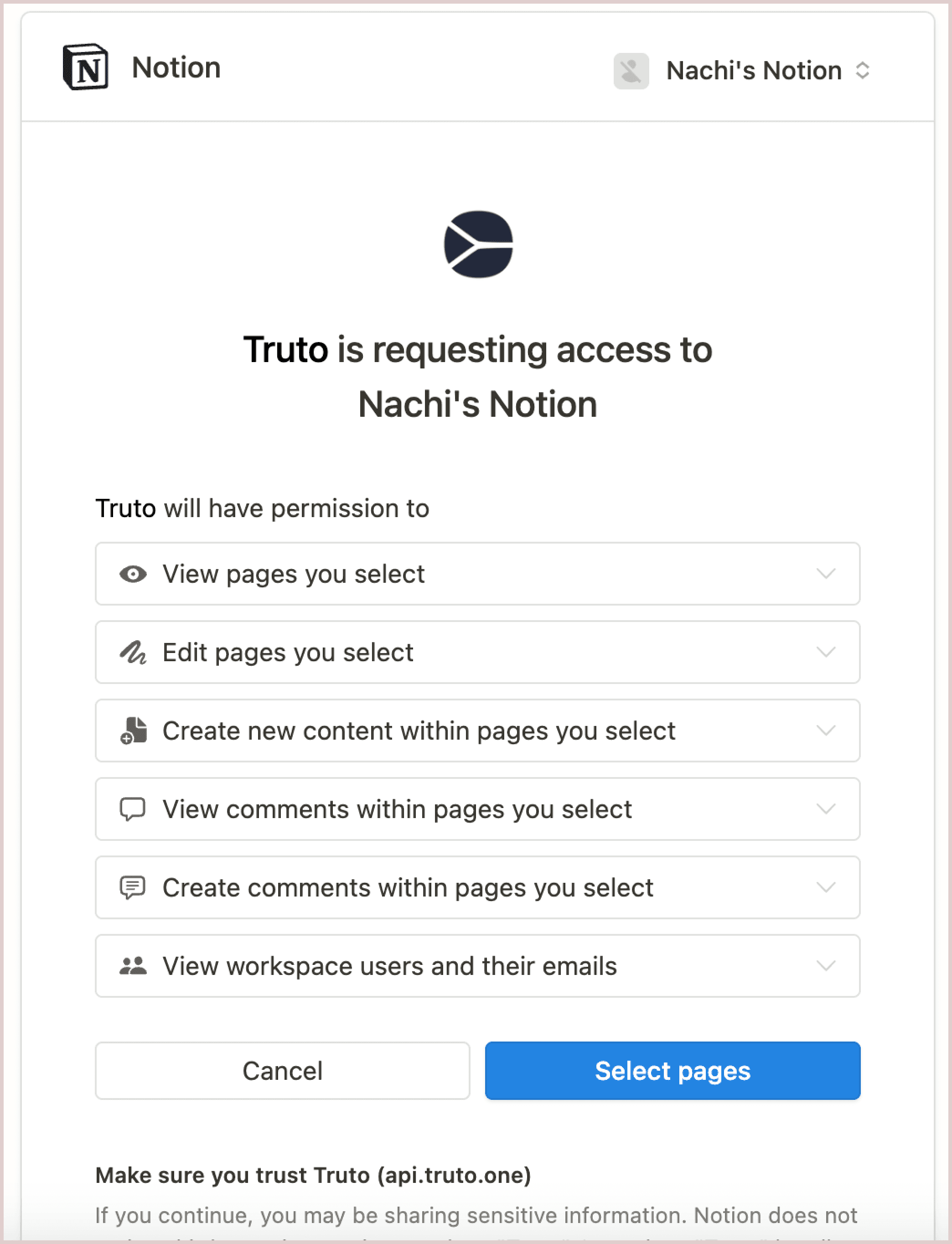 Notion authorization page where Truto requests permissions to view and edit selected workspace pages.