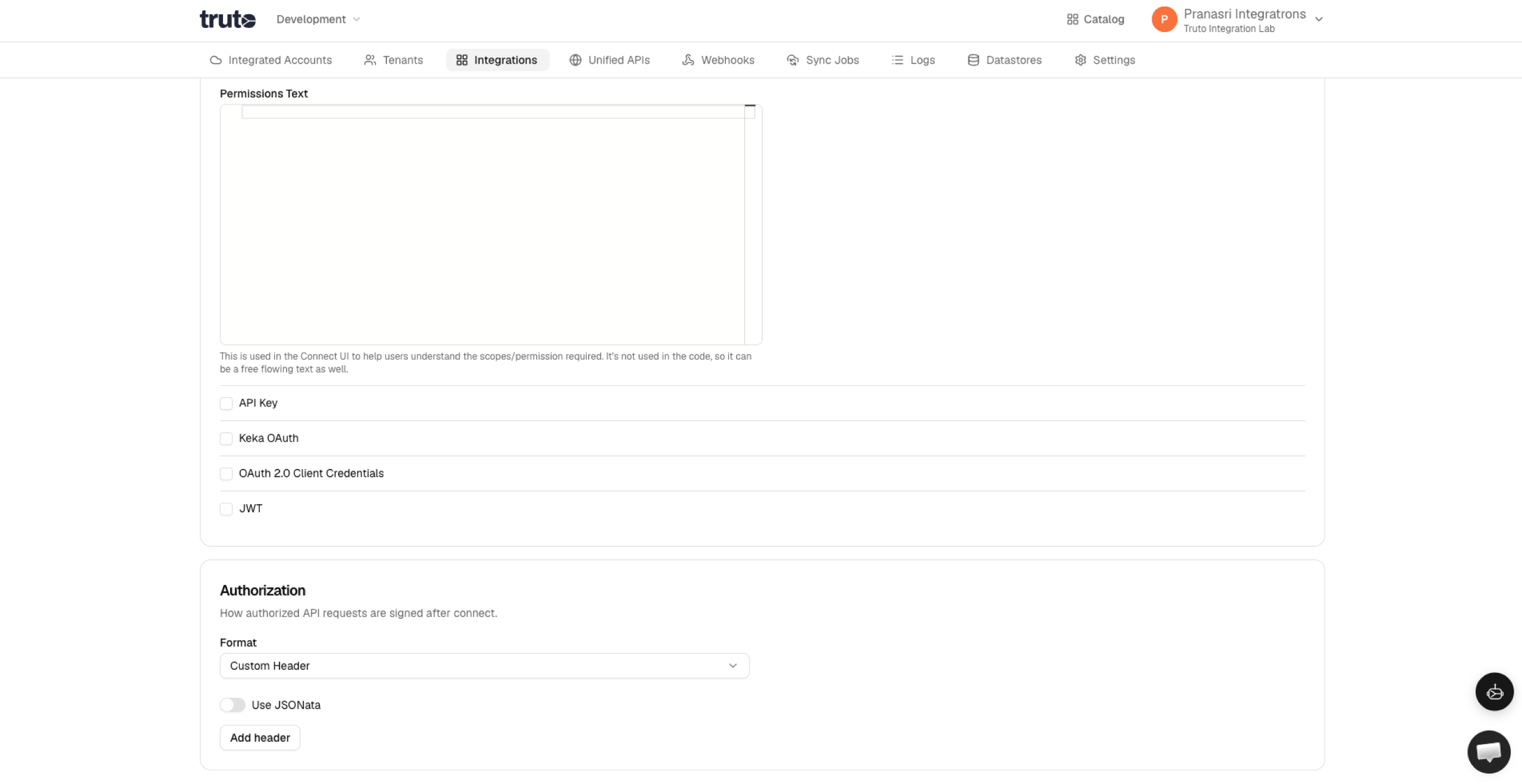 Custom header authorization