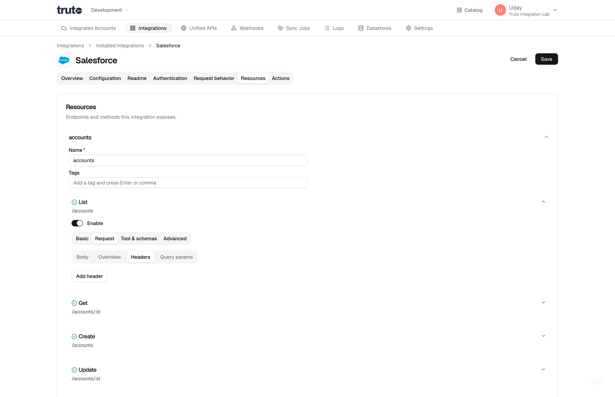 Resource method headers