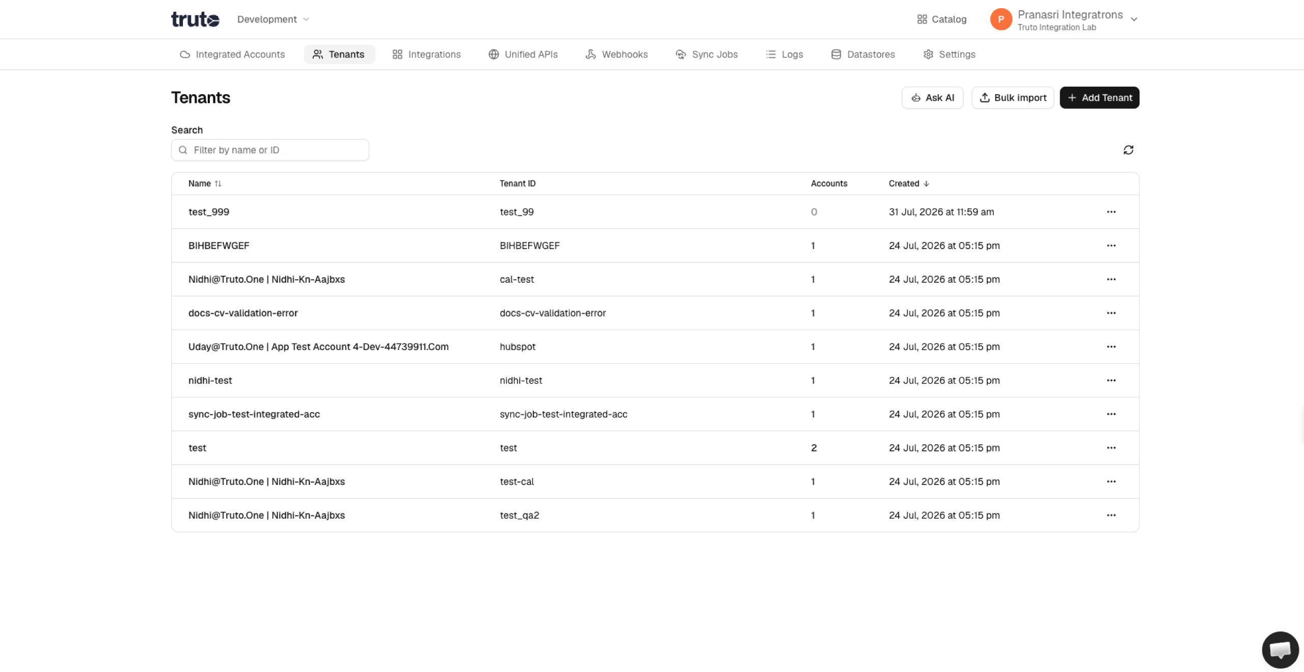 Tenants list with Bulk import