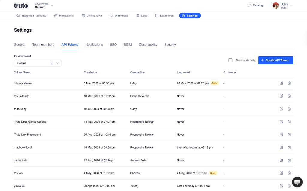 API Tokens settings showing Last used column, Stale badges, and Show stale only filter