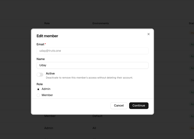 Edit member modal with Active toggle turned off before deactivation