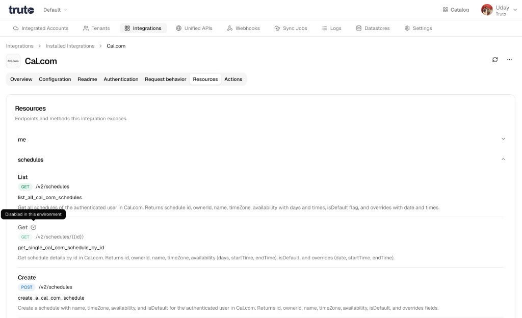Integration Resources tab showing a disabled method with an environment hint tooltip