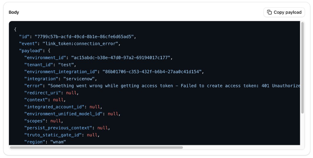 Example link_token:connection_error webhook payload