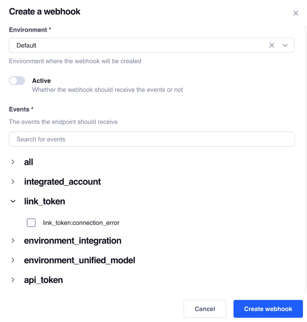 Create webhook UI showing link_token:connection_error event