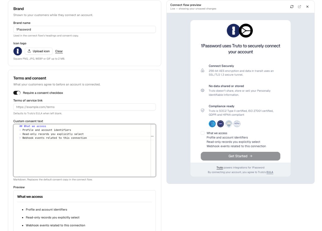 Settings Branding page with custom consent text and live connect flow preview