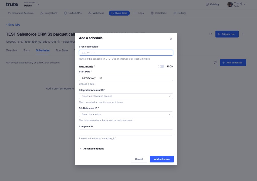 Add a schedule modal with cron expression and argument fields