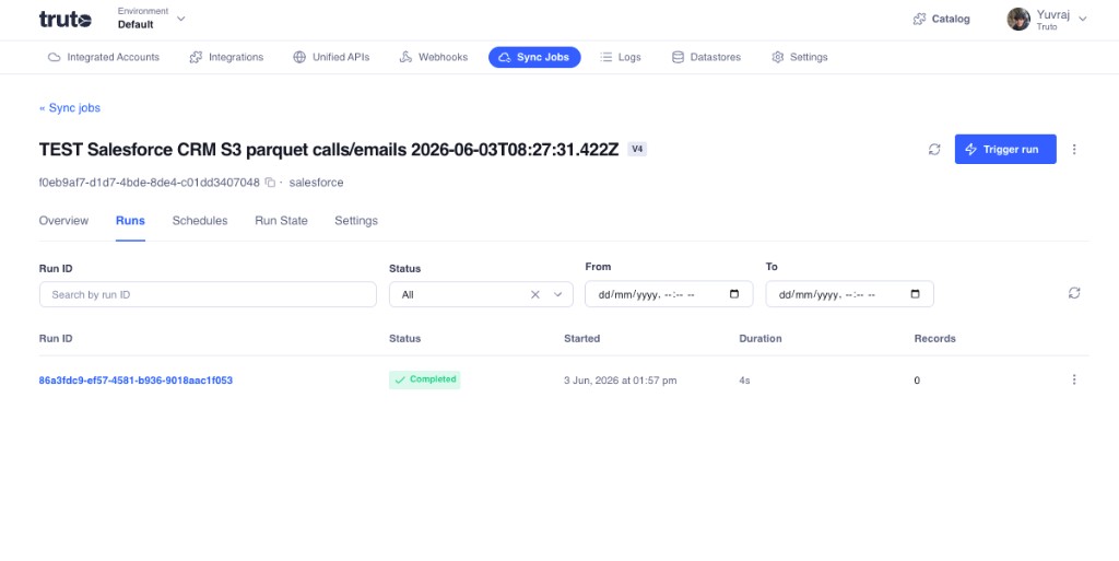 Sync Job Runs tab with run history, status filters, and duration metrics