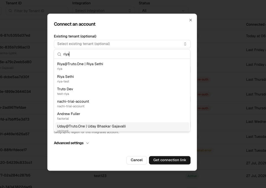 Connect an account modal with existing tenant search results