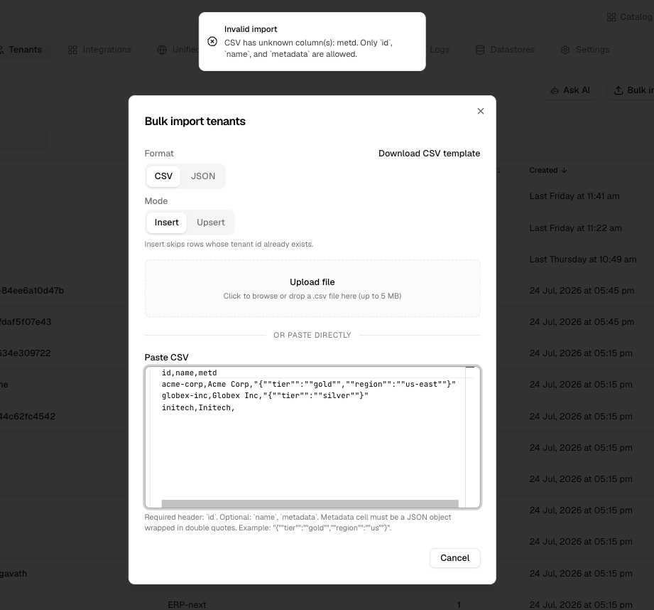 Bulk import tenants validation error for an unknown CSV column