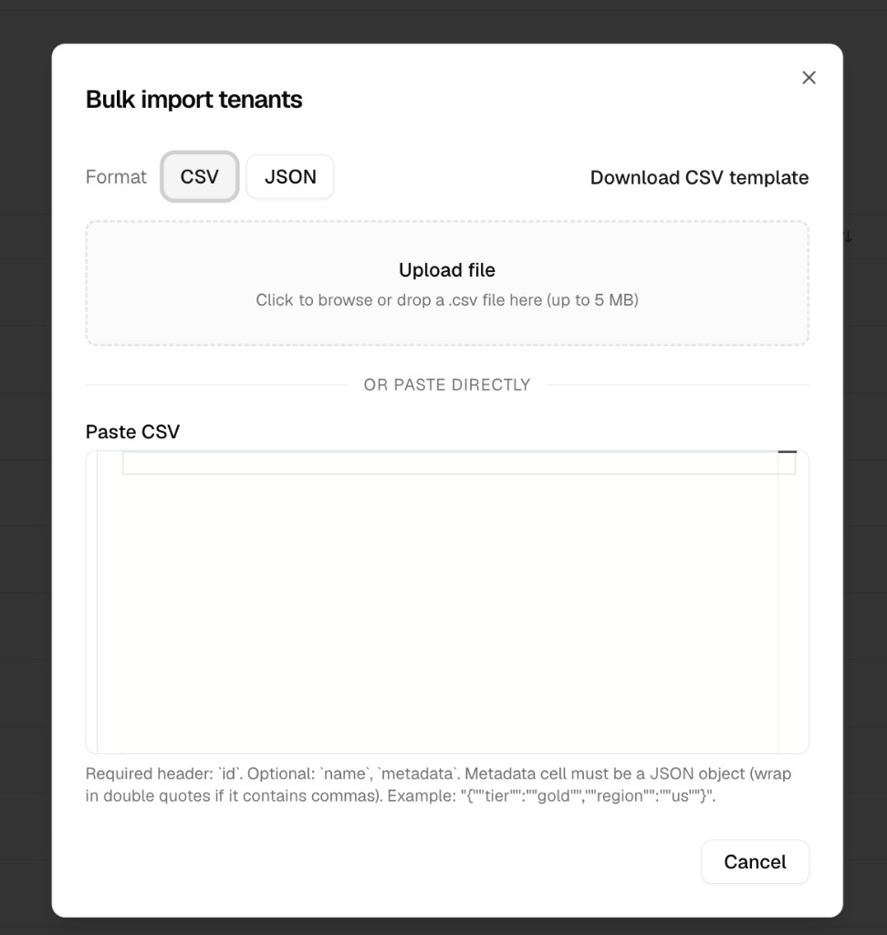Bulk import tenants modal with CSV and JSON upload or paste options
