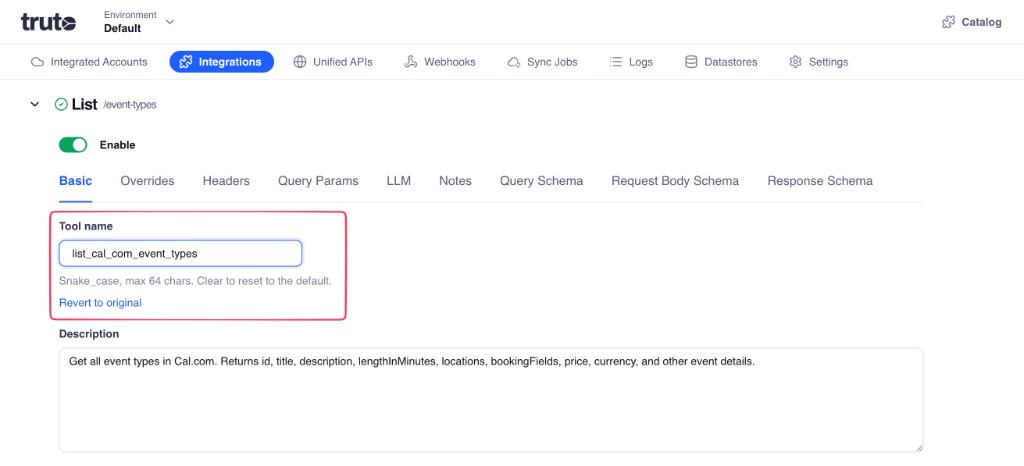 Tool name field and Revert to original link on an integration method Basic tab