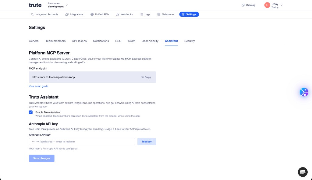 Platform MCP Server endpoint and Truto Assistant settings