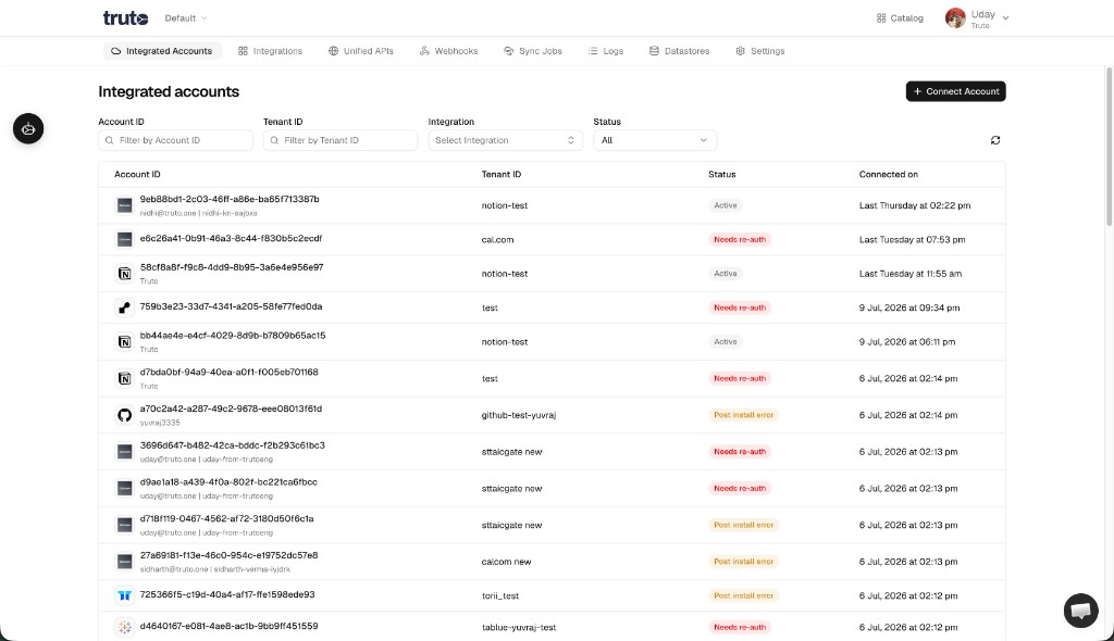 Redesigned Integrated accounts page with filters and consistent list layout