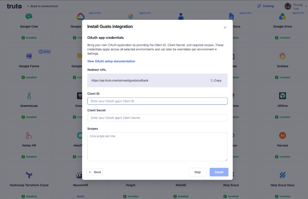 BYOA install flow with OAuth credentials — Client ID, Client Secret, Scopes, and Redirect URL