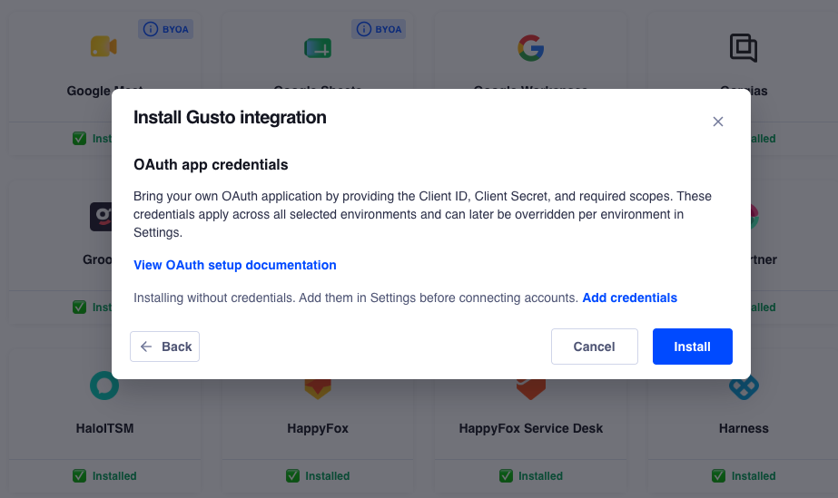 BYOA install flow — skip credentials and add them later in Settings