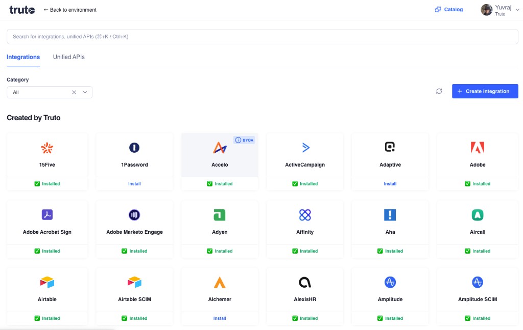 Integration catalog showing BYOA badge on integration cards