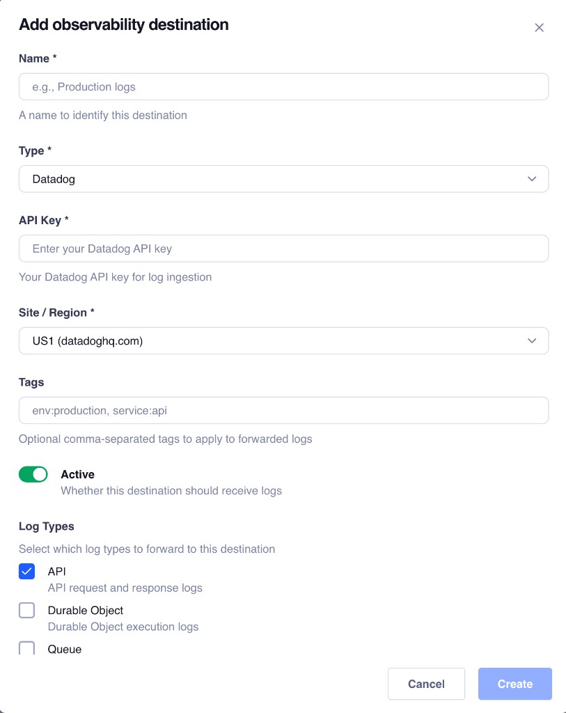 Add observability destination — Datadog with API key, site/region, tags, active toggle, and log type selection