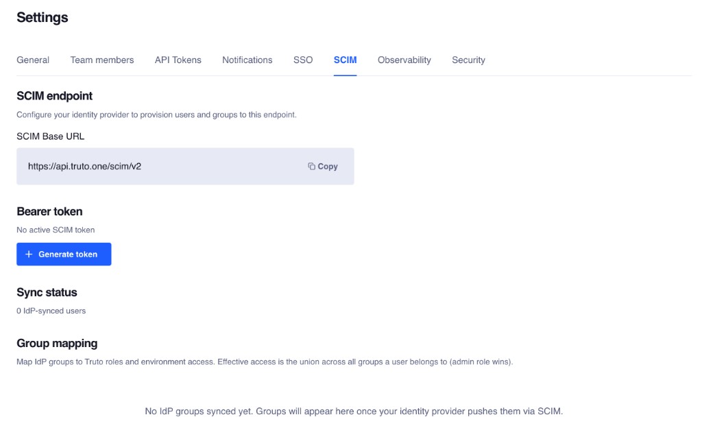 SCIM endpoint configuration — Base URL, bearer token, sync status, and group mapping