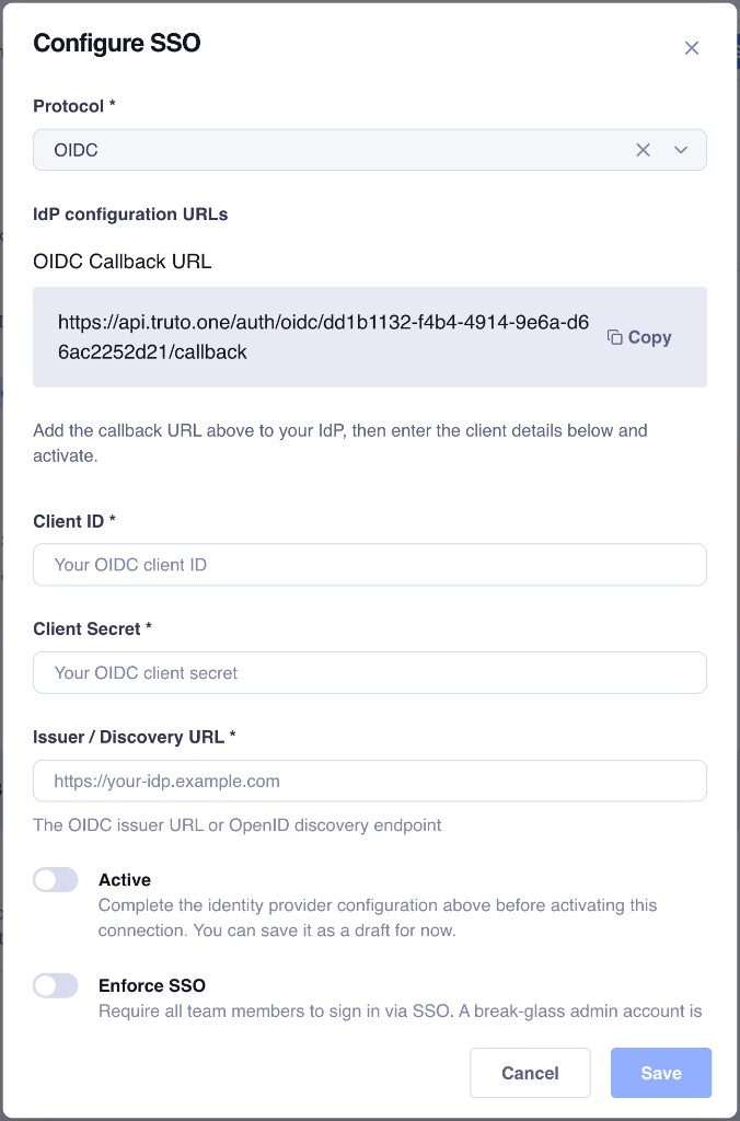 Configure SSO with OIDC — callback URL, client credentials, issuer URL, active and enforce toggles