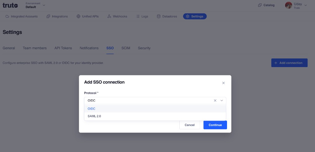 Add SSO connection — protocol selection (OIDC or SAML 2.0)