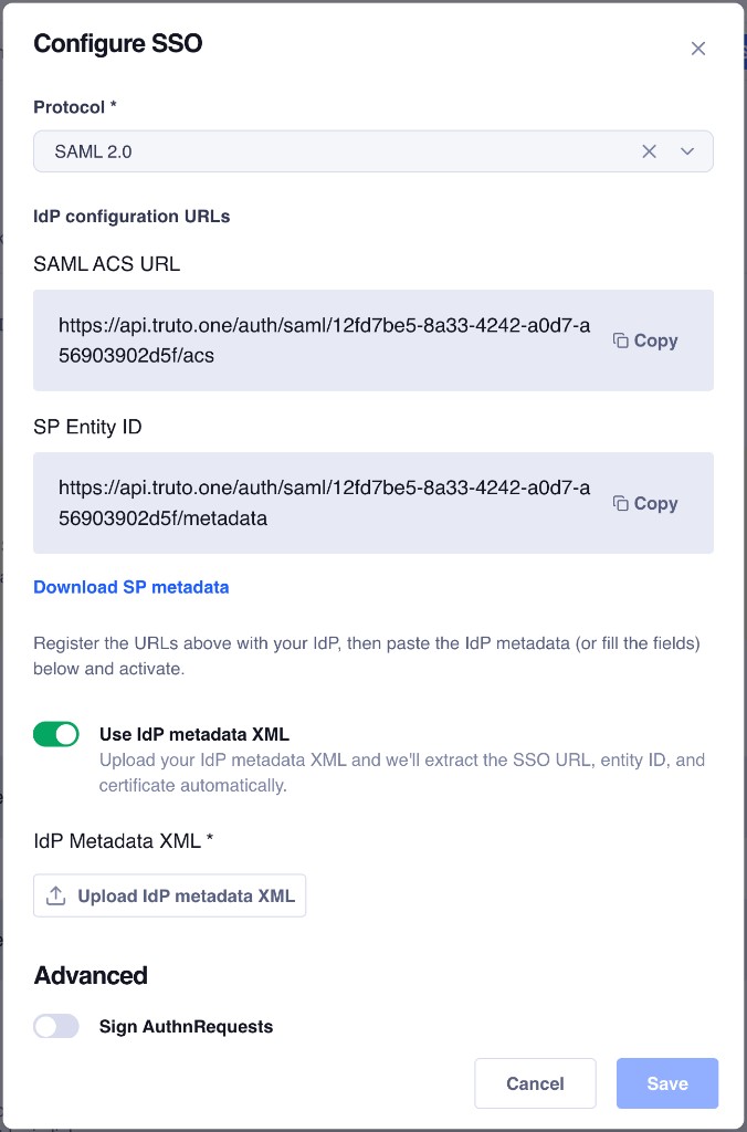 Configure SSO with SAML 2.0 — ACS URL, SP Entity ID, metadata download, IdP metadata XML upload, AuthnRequest signing