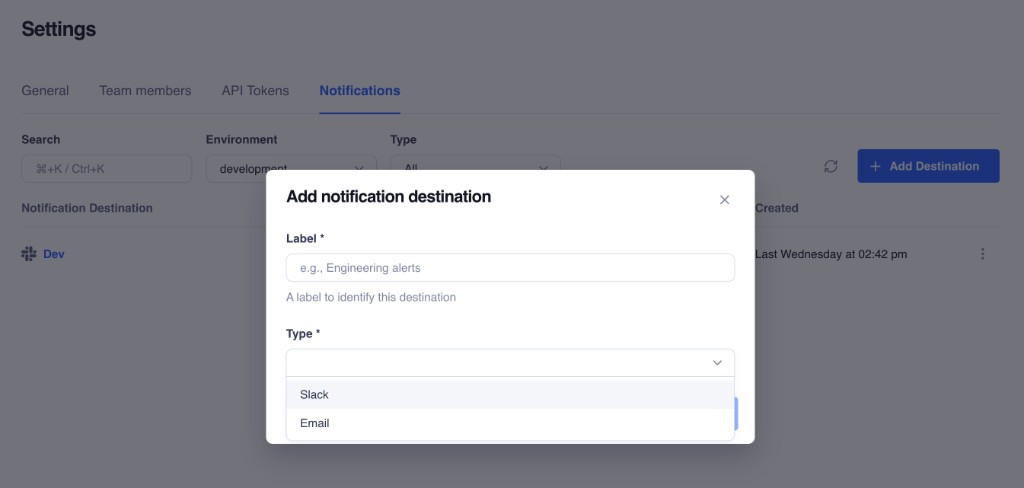 Truto Add notification destination modal with the type dropdown open showing Slack and Email destination options